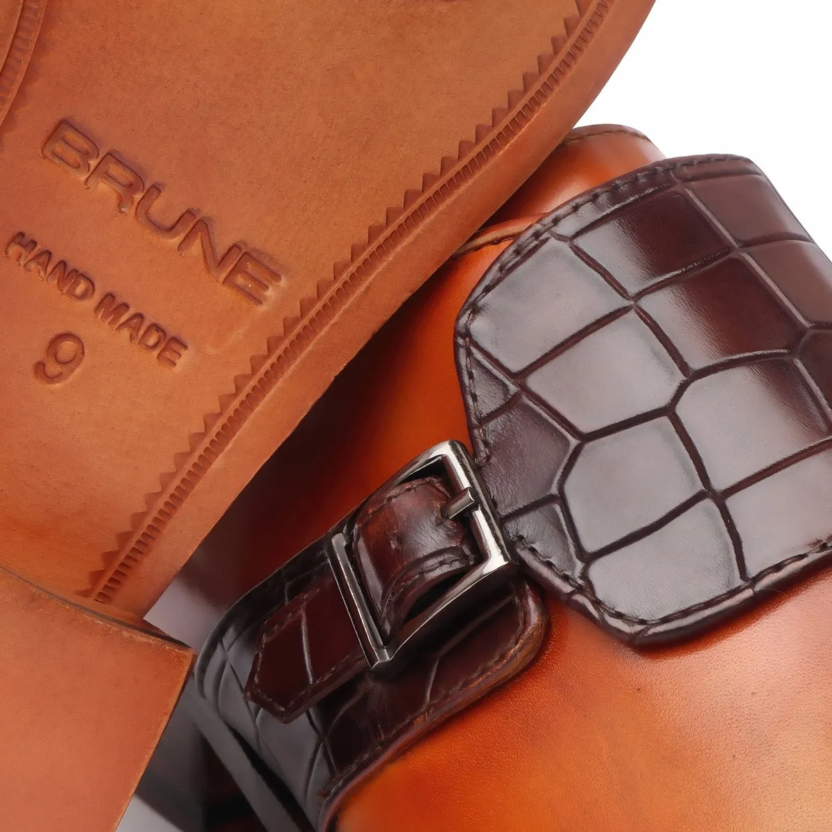 Single Monk Tan-Dark Brown Croco Leather Strap Shoes by Brune & Bareskin