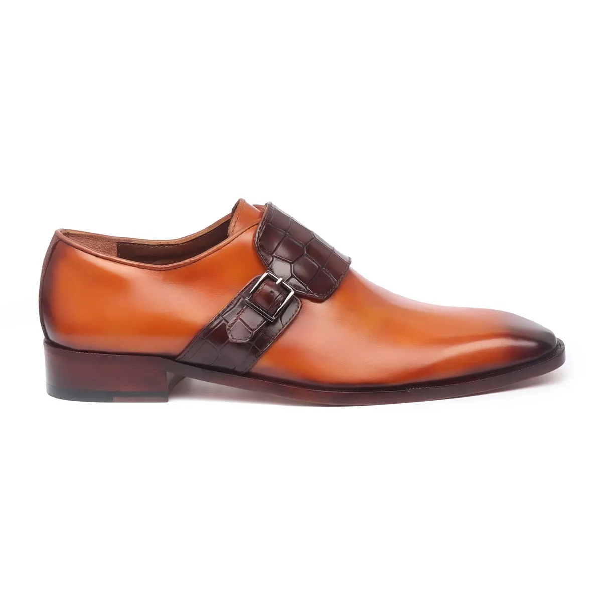 Single Monk Tan-Dark Brown Croco Leather Strap Shoes by Brune & Bareskin