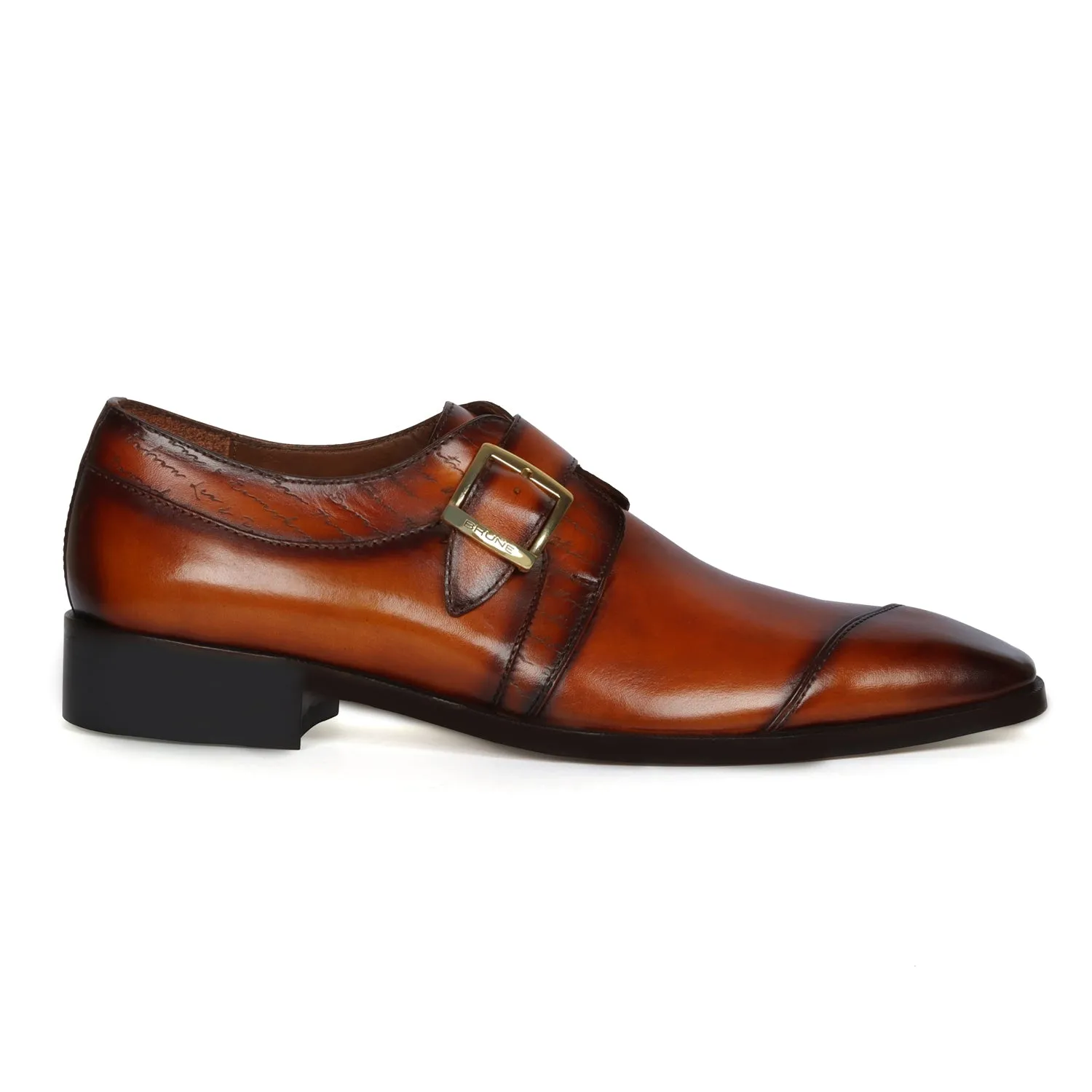 Tan Leather Single Monk Formal Shoes Slant Cap Toe Laser Engraved Top Line By Brune & Bareskin