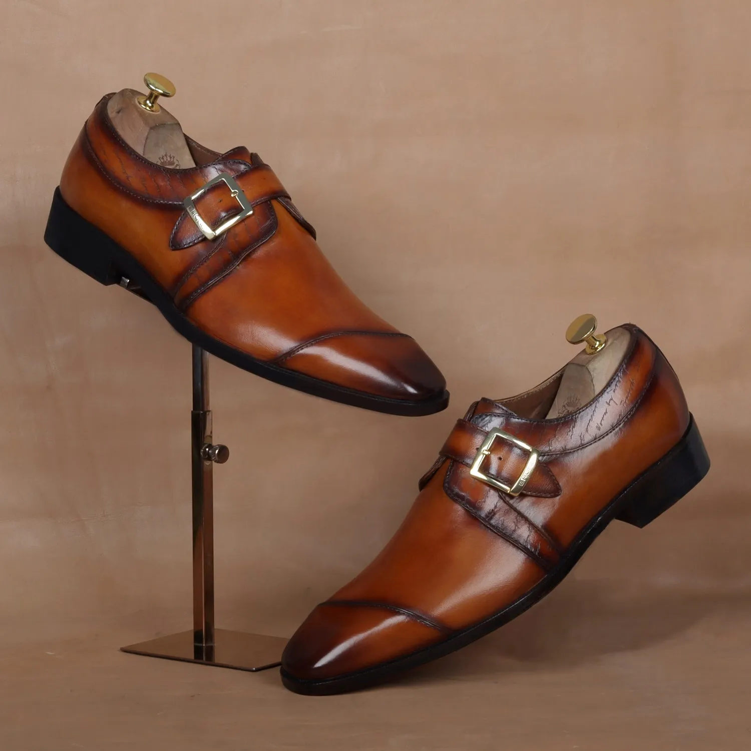 Tan Leather Single Monk Formal Shoes Slant Cap Toe Laser Engraved Top Line By Brune & Bareskin