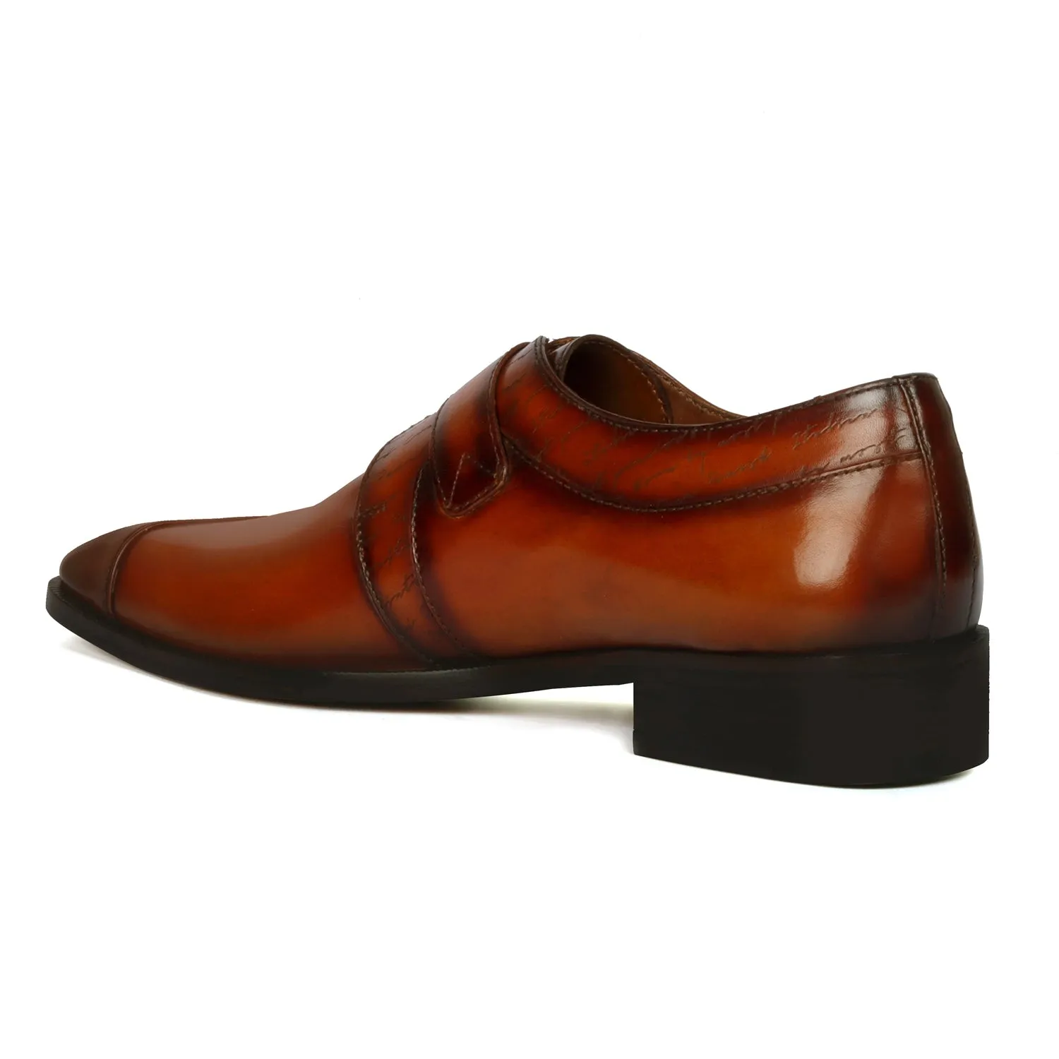 Tan Leather Single Monk Formal Shoes Slant Cap Toe Laser Engraved Top Line By Brune & Bareskin