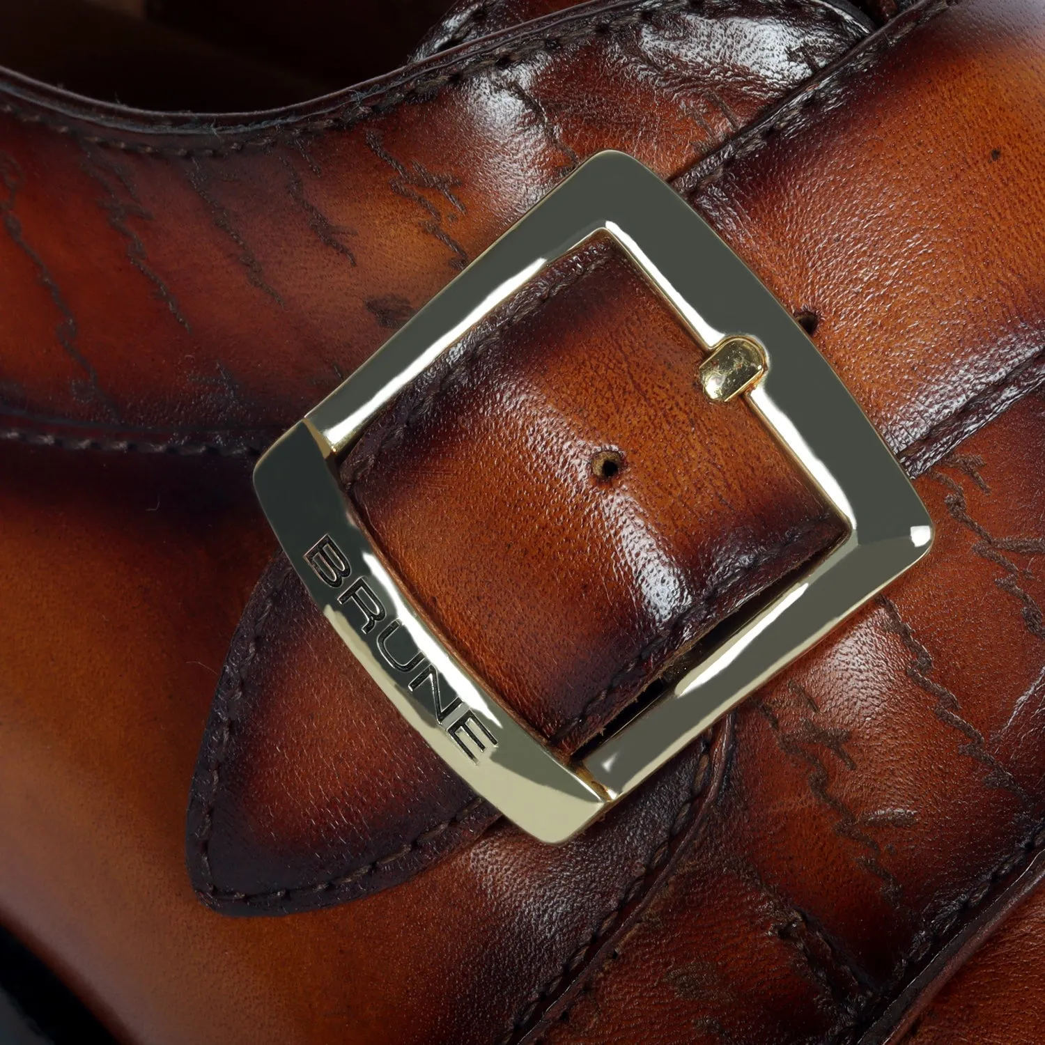 Tan Leather Single Monk Formal Shoes Slant Cap Toe Laser Engraved Top Line By Brune & Bareskin