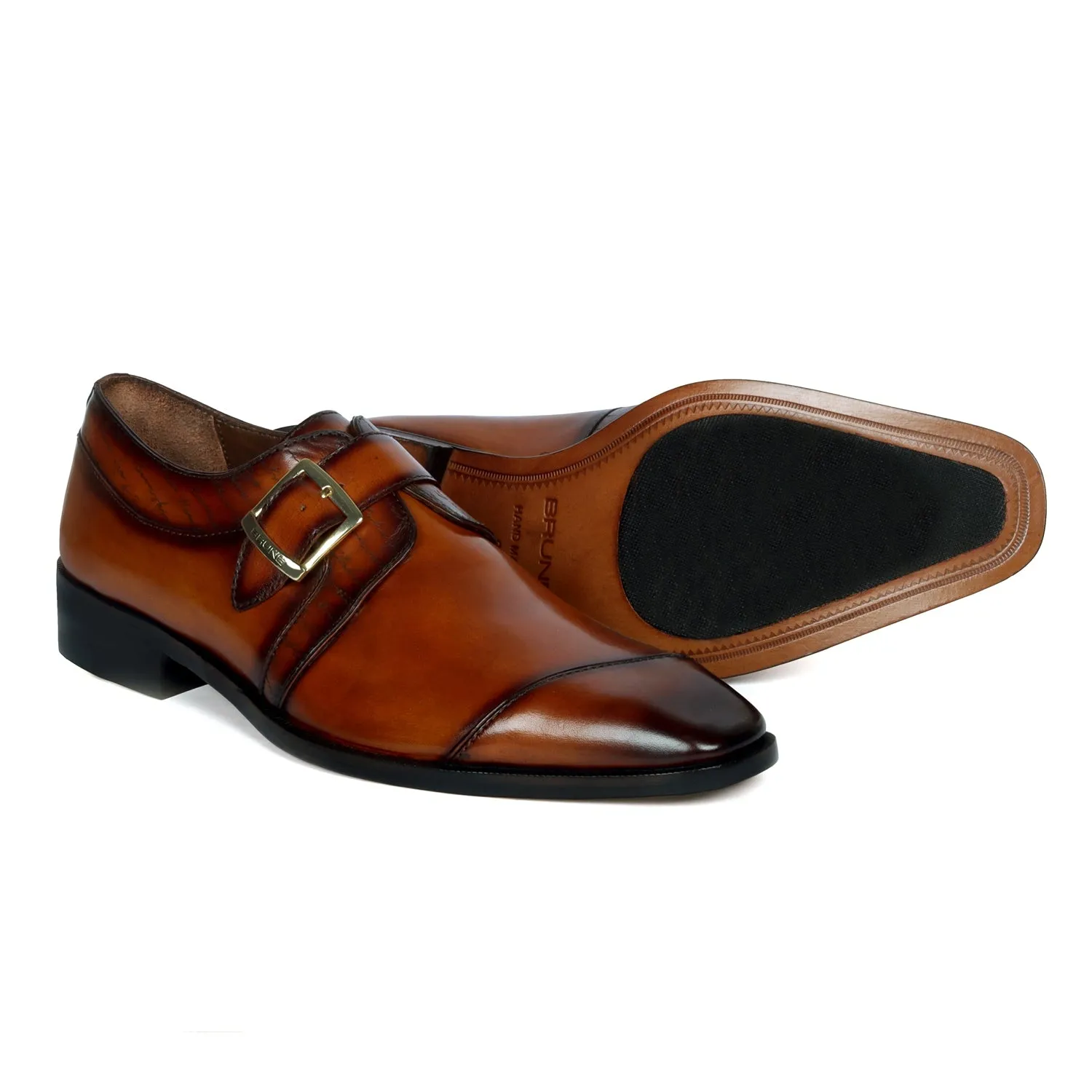 Tan Leather Single Monk Formal Shoes Slant Cap Toe Laser Engraved Top Line By Brune & Bareskin