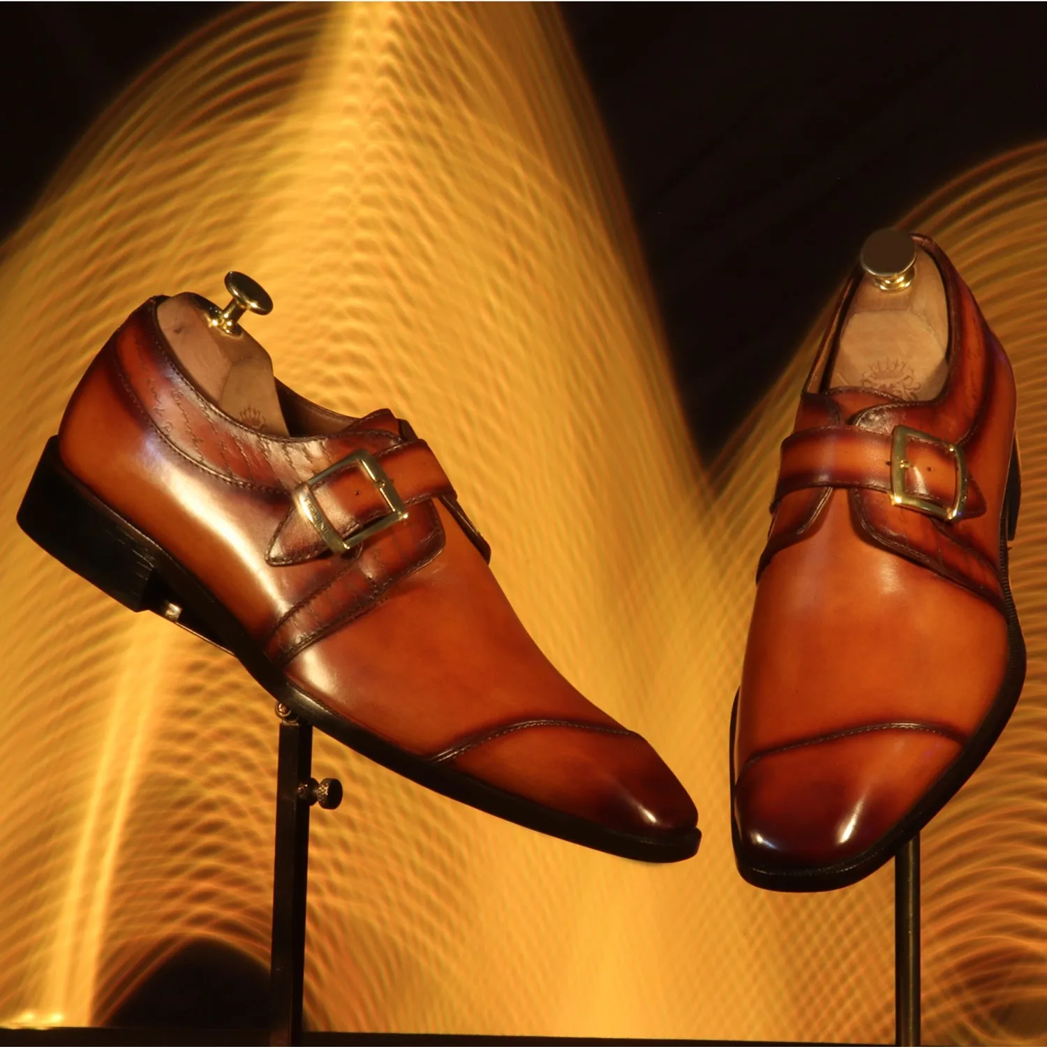 Tan Leather Single Monk Formal Shoes Slant Cap Toe Laser Engraved Top Line By Brune & Bareskin