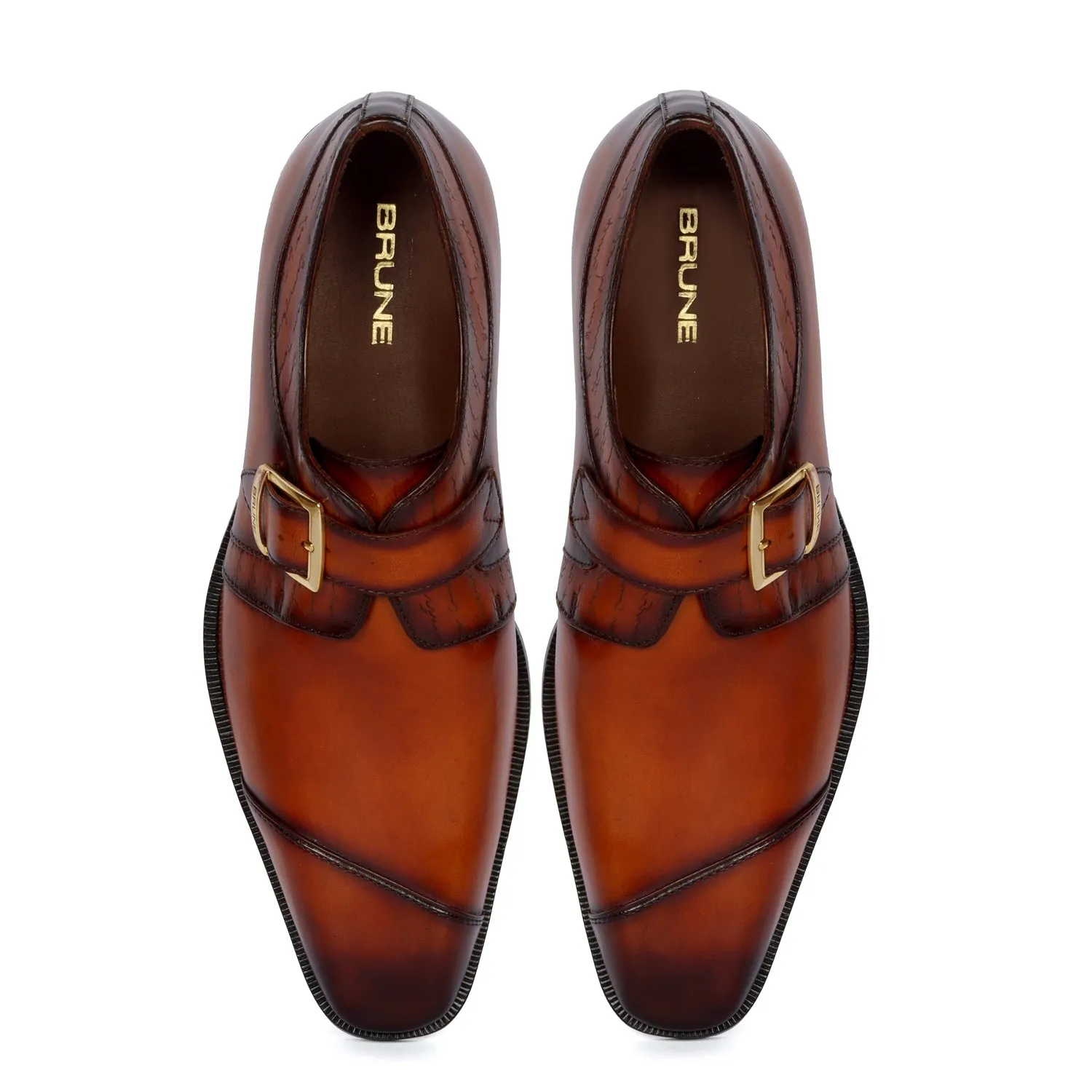 Tan Leather Single Monk Formal Shoes Slant Cap Toe Laser Engraved Top Line By Brune & Bareskin