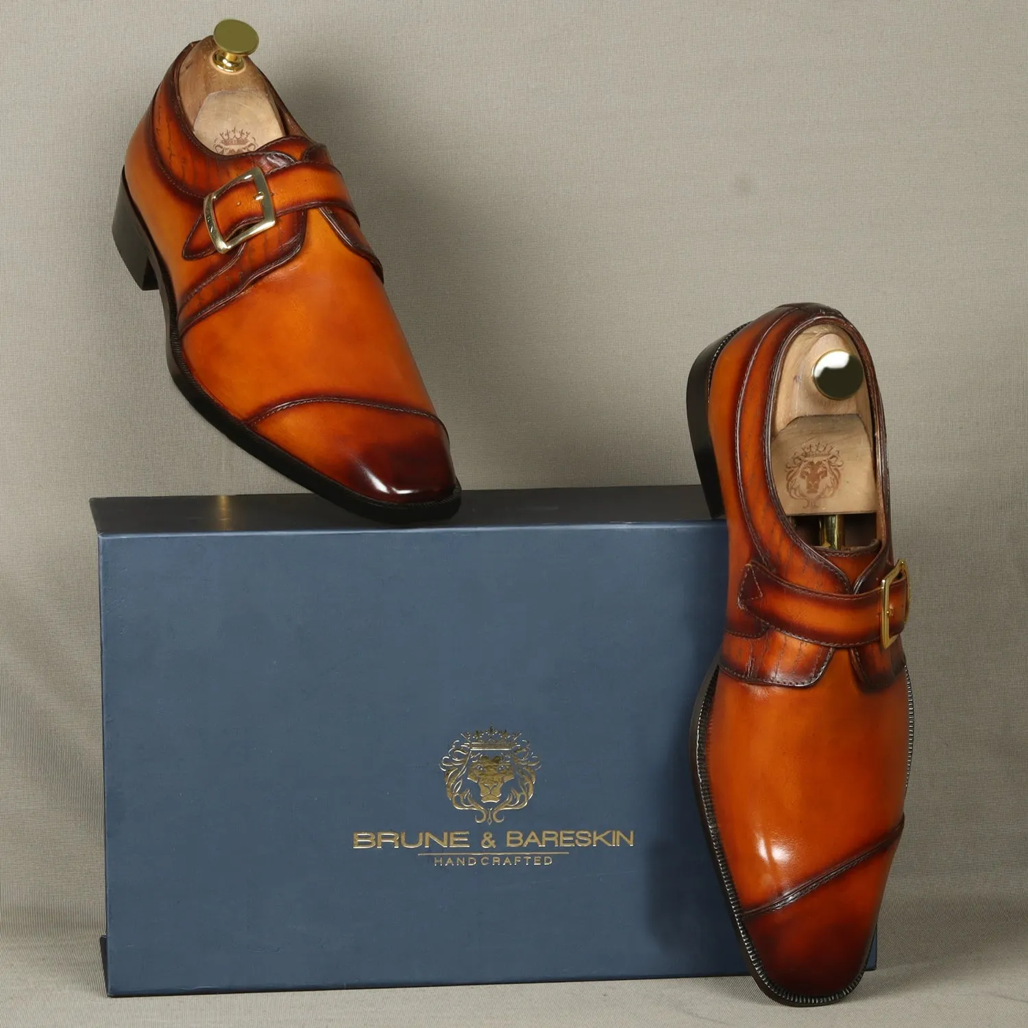 Tan Leather Single Monk Formal Shoes Slant Cap Toe Laser Engraved Top Line By Brune & Bareskin