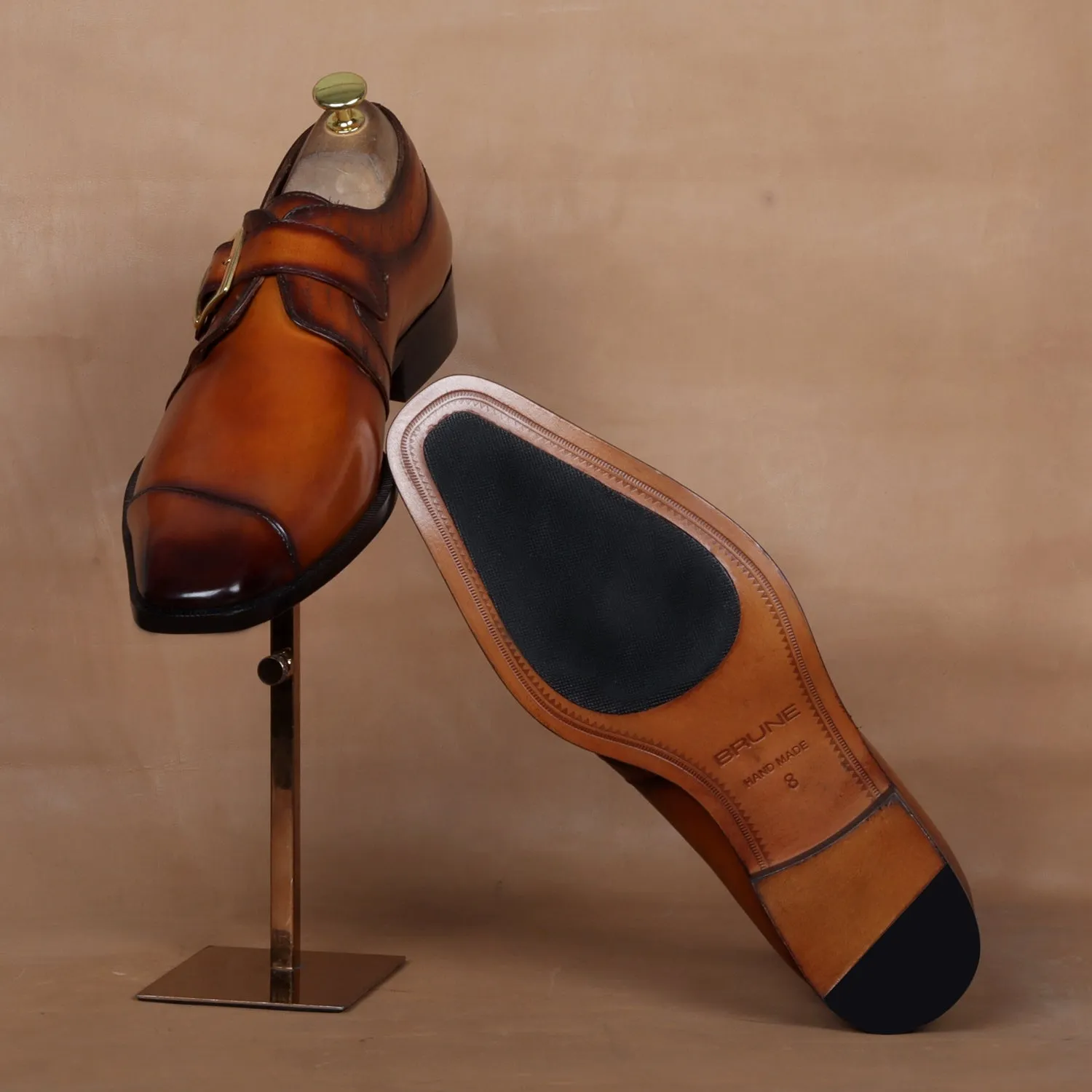 Tan Leather Single Monk Formal Shoes Slant Cap Toe Laser Engraved Top Line By Brune & Bareskin